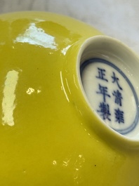 A pair of fine Chinese lemon-yellow-glazed tea bowls, Yongzheng mark, 19th C.