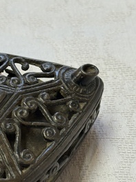 A Chinese openworked double-walled lozenge-shaped bronze water dropper, Ming