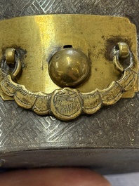 A Korean silver-inlaid iron tripod box with a gilt-bronze bat-shaped handle, Joseon, 18th C.