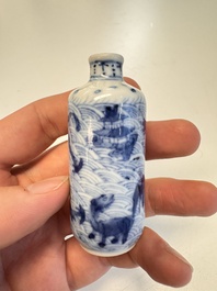 A Chinese blue and white 'Mythical Animals' snuff bottle and a 'Buddhist Lions' snuff bottle, 19th C.