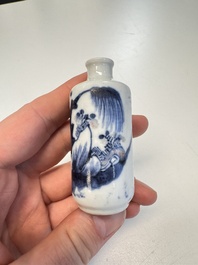Two Chinese blue, white and copper-red snuff bottles with figural design, 19th C.