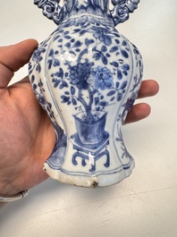 A Chinese blue and white vase with handles and a bowl, Kangxi mark, Kangxi and later