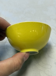 A pair of fine Chinese lemon-yellow-glazed tea bowls, Yongzheng mark, 19th C.