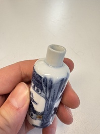 Three Chinese blue, white and copper-red snuff bottles with narrative design, 19th C.