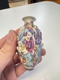 Two Chinese famille rose '18 Luohan' snuff bottles, Qianlong and Daoguang marks, 19th C.