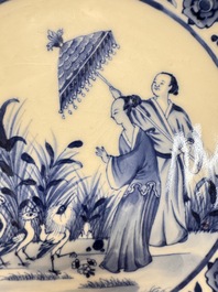 A Chinese blue and white 'La Dame au Parasol' plate after Cornelis Pronk, Qianlong