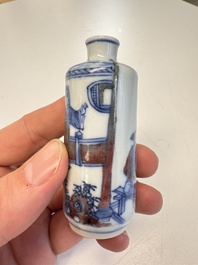 Two Chinese blue, white and copper-red snuff bottles with narrative design, 19th C.