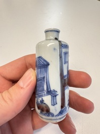 Two Chinese blue, white and copper-red snuff bottles with narrative design, 19th C.