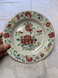 Three Chinese famille rose plates with floral design, Yongzheng