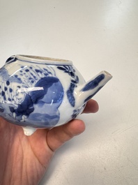 A Chinese blue and white covered tea caddy and a covered teapot with ducks, Kangxi