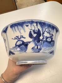 A Chinese blue and white vase with handles and a bowl, Kangxi mark, Kangxi and later