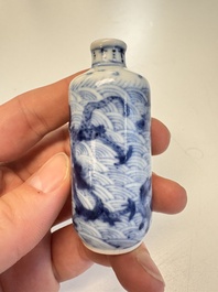 A Chinese blue and white 'Mythical Animals' snuff bottle and a 'Buddhist Lions' snuff bottle, 19th C.