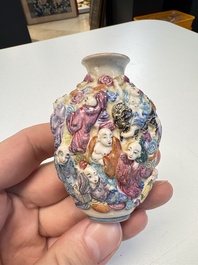 Two Chinese famille rose '18 Luohan' snuff bottles, Qianlong and Daoguang marks, 19th C.