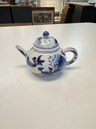 A Chinese blue and white covered tea caddy and a covered teapot with ducks, Kangxi
