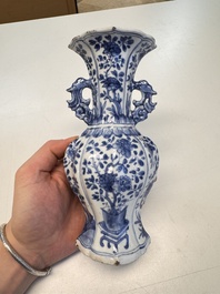 A Chinese blue and white vase with handles and a bowl, Kangxi mark, Kangxi and later