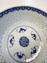 A Chinese blue and white 'Ling Long' bowl with bats design, Qianlong mark, 19th C.