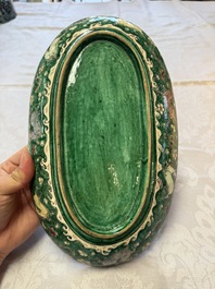A Chinese verte biscuit oval dish, 19/20th C.