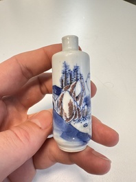 Three Chinese blue, white and copper-red snuff bottles with narrative design, 19th C.