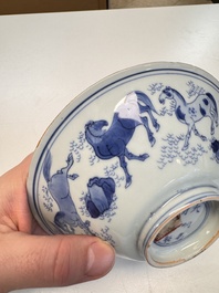 A Chinese blue and white conical 'Eight Horses of Mu Wang' bowl, Jiajing mark, Shunzhi/Kangxi