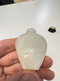 A Chinese carved white jade 'Geese' snuff bottle with a wooden stand, 18/19th C.