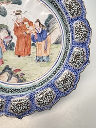 A Chinese Canton enamel flower-shaped 'Three Star Gods' plate, Qianlong