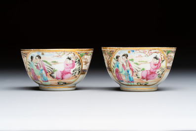 A pair of Chinese Canton famille rose cups and saucers with figural design, Daoguang