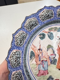 A Chinese Canton enamel flower-shaped 'Three Star Gods' plate, Qianlong