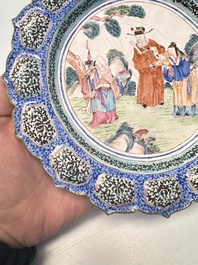 A Chinese Canton enamel flower-shaped 'Three Star Gods' plate, Qianlong