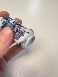 Three Chinese blue, white and copper-red snuff bottles with narrative design, 19th C.