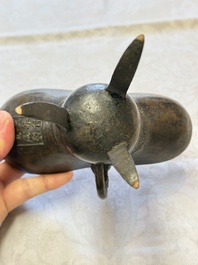 A Chinese archaistic bronze ritual wine vessel, Jue 爵, Qianlong mark, dated 1738
