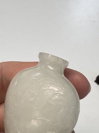 A Chinese carved white jade 'Geese' snuff bottle with a wooden stand, 18/19th C.