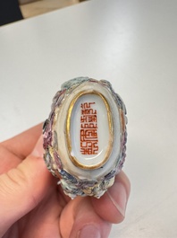 Two Chinese famille rose '18 Luohan' snuff bottles, Qianlong and Daoguang marks, 19th C.