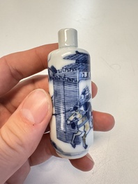 Three Chinese blue, white and copper-red snuff bottles with narrative design, 19th C.