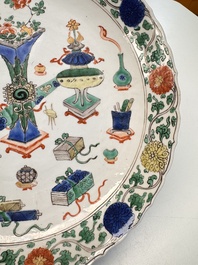 A pair of Chinese famille verte 'Antiquities' dishes, Kangxi