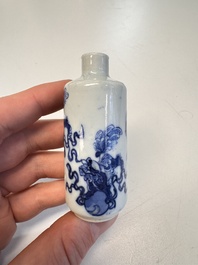A Chinese blue and white 'Mythical Animals' snuff bottle and a 'Buddhist Lions' snuff bottle, 19th C.