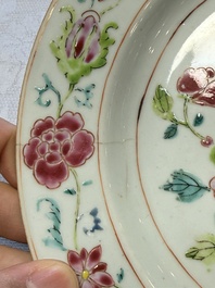 Three Chinese famille rose plates with floral design, Yongzheng