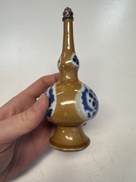 A Chinese blue and white capucine-ground rosewater sprinkler with silver mount, Kangxi