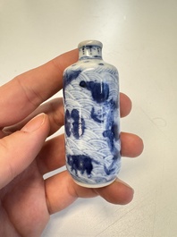 A Chinese blue and white 'Mythical Animals' snuff bottle and a 'Buddhist Lions' snuff bottle, 19th C.