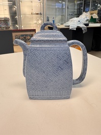 A Chinese blue-enamelled Yixing stoneware teapot, Jinxi Epu 荊溪萼圃監製 mark, 18/19th C.