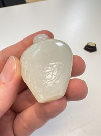 A Chinese carved white jade 'Geese' snuff bottle with a wooden stand, 18/19th C.