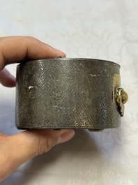 A Korean silver-inlaid iron tripod box with a gilt-bronze bat-shaped handle, Joseon, 18th C.