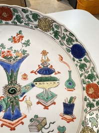 A pair of Chinese famille verte 'Antiquities' dishes, Kangxi