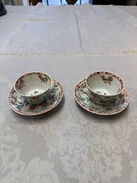 A pair of Chinese famille verte cups and saucers with floral design, Jade 玉 marks, 19th C.