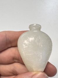 A Chinese carved white jade 'Geese' snuff bottle with a wooden stand, 18/19th C.
