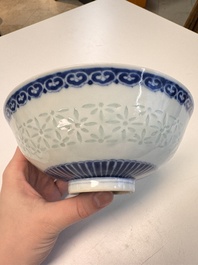 A Chinese blue and white 'Ling Long' bowl with bats design, Qianlong mark, 19th C.