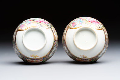 A pair of Chinese Canton famille rose cups and saucers with figural design, Daoguang