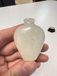 A Chinese carved white jade 'Geese' snuff bottle with a wooden stand, 18/19th C.