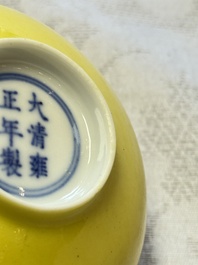 A pair of fine Chinese lemon-yellow-glazed tea bowls, Yongzheng mark, 19th C.