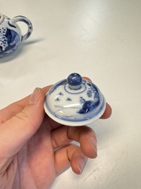 A Chinese blue and white covered tea caddy and a covered teapot with ducks, Kangxi