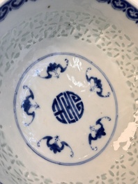 A Chinese blue and white 'Ling Long' bowl with bats design, Qianlong mark, 19th C.